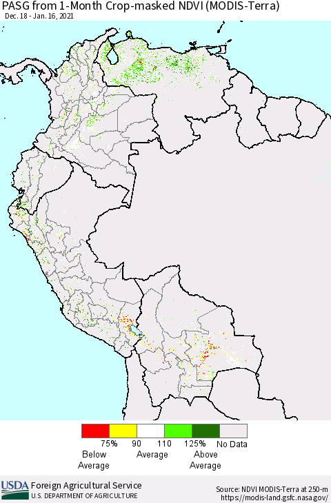 Northern South America PASG from 1-Month Cropland NDVI (Terra-MODIS) Thematic Map For 1/11/2021 - 1/20/2021