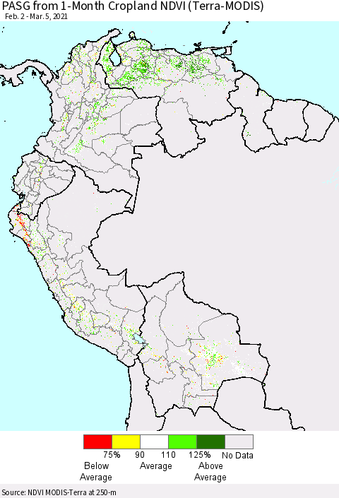 Northern South America PASG from 1-Month Cropland NDVI (Terra-MODIS) Thematic Map For 2/26/2021 - 3/5/2021