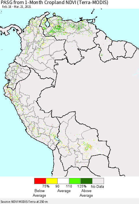 Northern South America PASG from 1-Month Cropland NDVI (Terra-MODIS) Thematic Map For 3/14/2021 - 3/21/2021