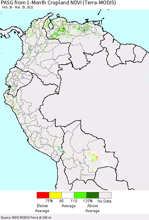 Northern South America PASG from 1-Month Cropland NDVI (Terra-MODIS) Thematic Map For 3/22/2021 - 3/29/2021