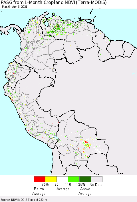 Northern South America PASG from 1-Month Cropland NDVI (Terra-MODIS) Thematic Map For 3/30/2021 - 4/6/2021