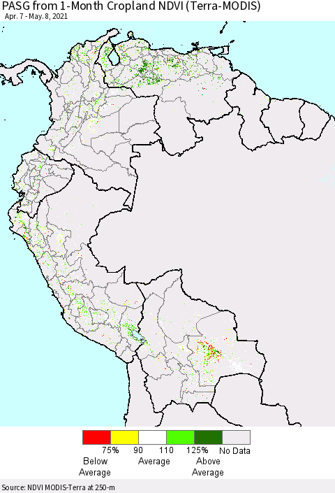 Northern South America PASG from 1-Month Cropland NDVI (Terra-MODIS) Thematic Map For 5/1/2021 - 5/8/2021