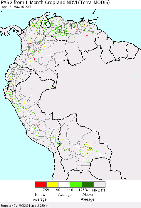 Northern South America PASG from 1-Month Cropland NDVI (Terra-MODIS) Thematic Map For 5/9/2021 - 5/16/2021