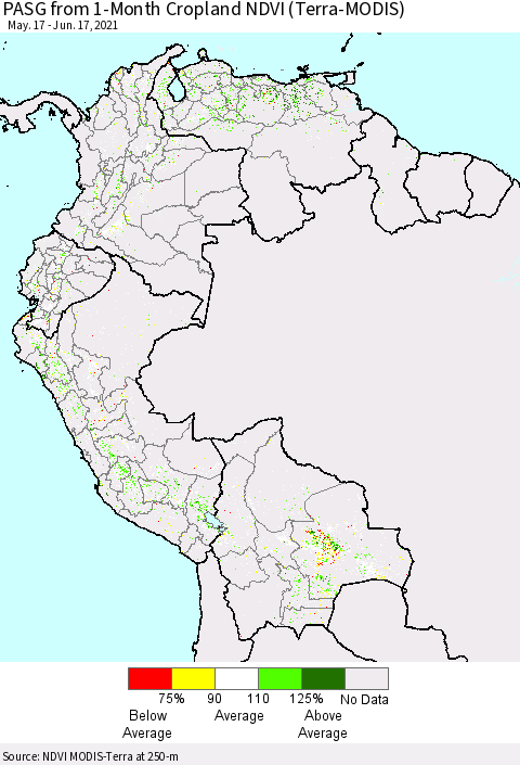 Northern South America PASG from 1-Month Cropland NDVI (Terra-MODIS) Thematic Map For 6/10/2021 - 6/17/2021