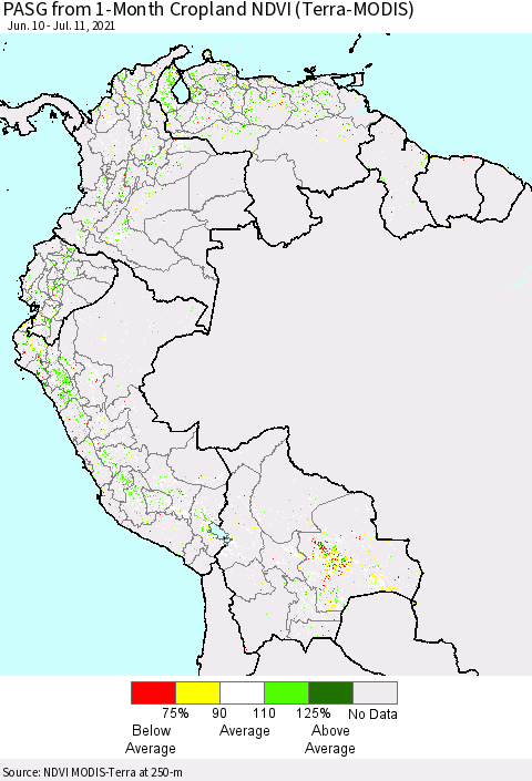 Northern South America PASG from 1-Month Cropland NDVI (Terra-MODIS) Thematic Map For 7/4/2021 - 7/11/2021
