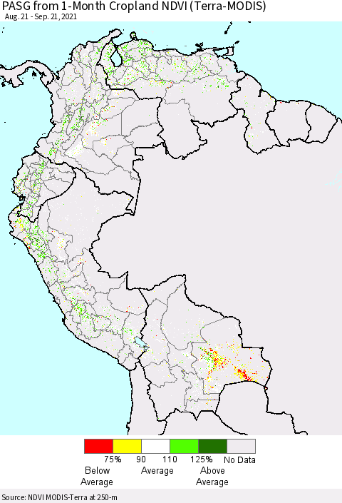 Northern South America PASG from 1-Month Cropland NDVI (Terra-MODIS) Thematic Map For 9/14/2021 - 9/21/2021