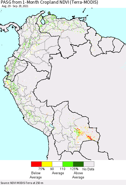 Northern South America PASG from 1-Month Cropland NDVI (Terra-MODIS) Thematic Map For 9/22/2021 - 9/29/2021
