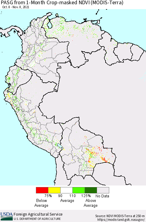 Northern South America PASG from 1-Month Cropland NDVI (Terra-MODIS) Thematic Map For 11/1/2021 - 11/10/2021