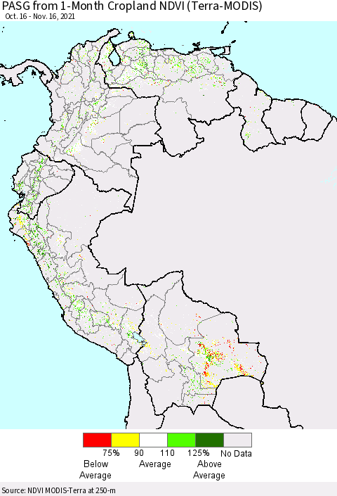Northern South America PASG from 1-Month Cropland NDVI (Terra-MODIS) Thematic Map For 11/9/2021 - 11/16/2021