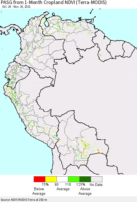 Northern South America PASG from 1-Month Cropland NDVI (Terra-MODIS) Thematic Map For 11/17/2021 - 11/24/2021