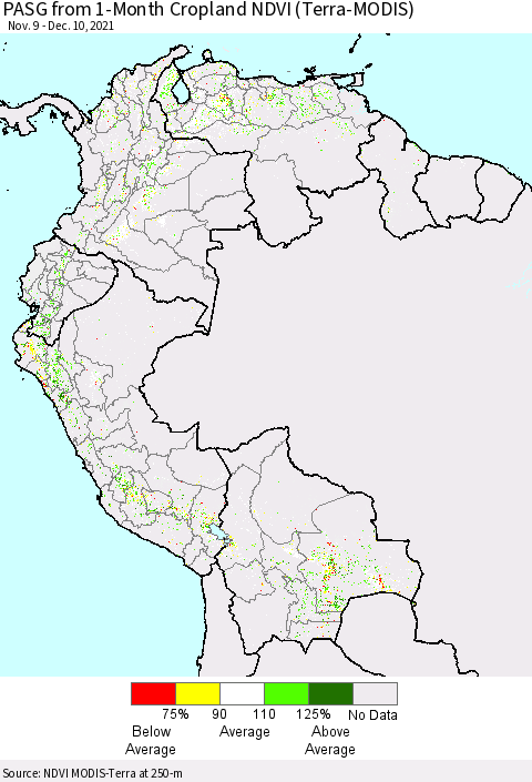 Northern South America PASG from 1-Month Cropland NDVI (Terra-MODIS) Thematic Map For 12/1/2021 - 12/10/2021
