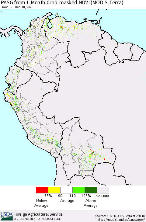 Northern South America PASG from 1-Month Cropland NDVI (Terra-MODIS) Thematic Map For 12/11/2021 - 12/20/2021