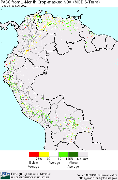 Northern South America PASG from 1-Month Cropland NDVI (Terra-MODIS) Thematic Map For 1/11/2022 - 1/20/2022