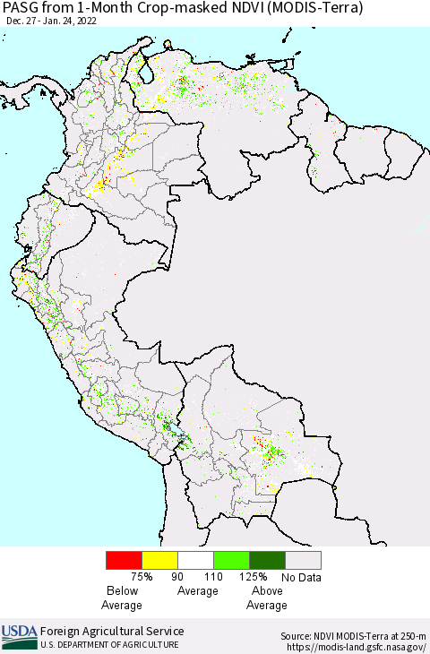 Northern South America PASG from 1-Month Cropland NDVI (Terra-MODIS) Thematic Map For 1/21/2022 - 1/31/2022