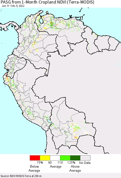Northern South America PASG from 1-Month Cropland NDVI (Terra-MODIS) Thematic Map For 2/2/2022 - 2/9/2022