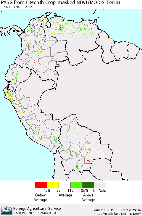 Northern South America PASG from 1-Month Cropland NDVI (Terra-MODIS) Thematic Map For 2/11/2022 - 2/20/2022