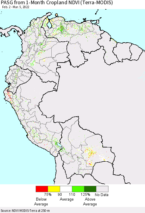 Northern South America PASG from 1-Month Cropland NDVI (Terra-MODIS) Thematic Map For 2/26/2022 - 3/5/2022