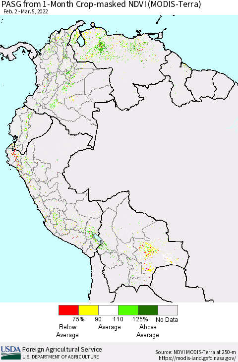 Northern South America PASG from 1-Month Cropland NDVI (Terra-MODIS) Thematic Map For 3/1/2022 - 3/10/2022