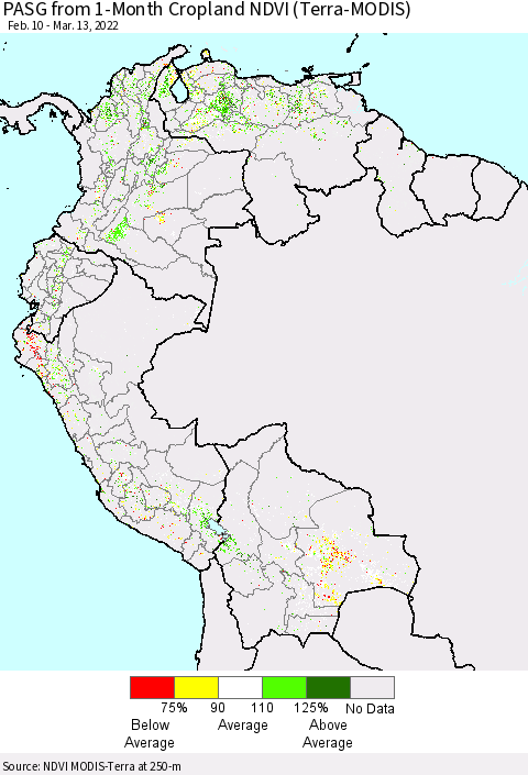 Northern South America PASG from 1-Month Cropland NDVI (Terra-MODIS) Thematic Map For 3/6/2022 - 3/13/2022