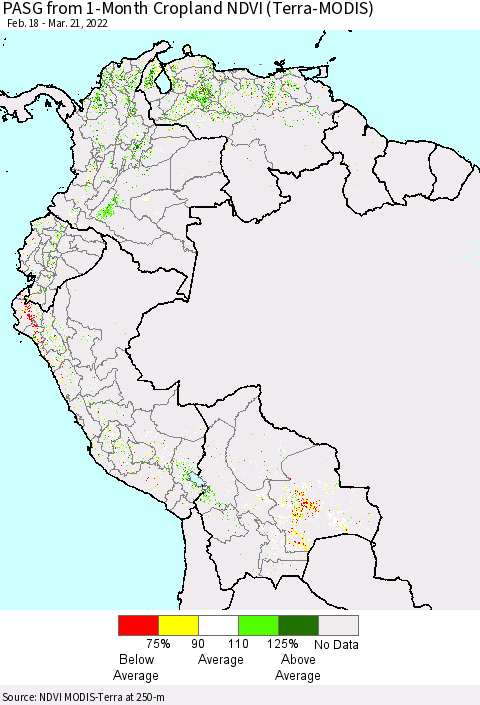Northern South America PASG from 1-Month Cropland NDVI (Terra-MODIS) Thematic Map For 3/14/2022 - 3/21/2022