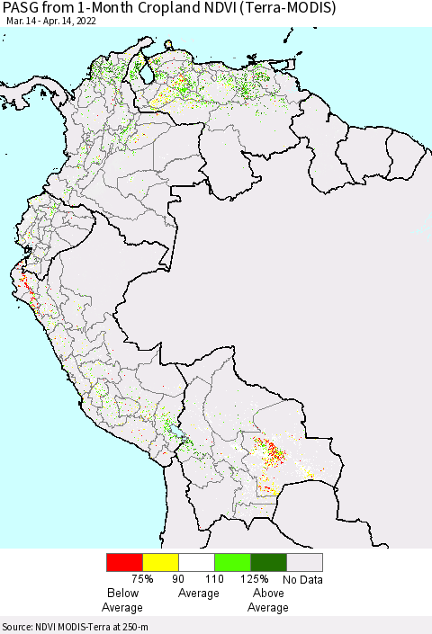 Northern South America PASG from 1-Month Cropland NDVI (Terra-MODIS) Thematic Map For 4/7/2022 - 4/14/2022