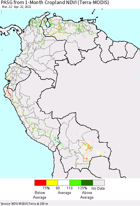 Northern South America PASG from 1-Month Cropland NDVI (Terra-MODIS) Thematic Map For 4/15/2022 - 4/22/2022