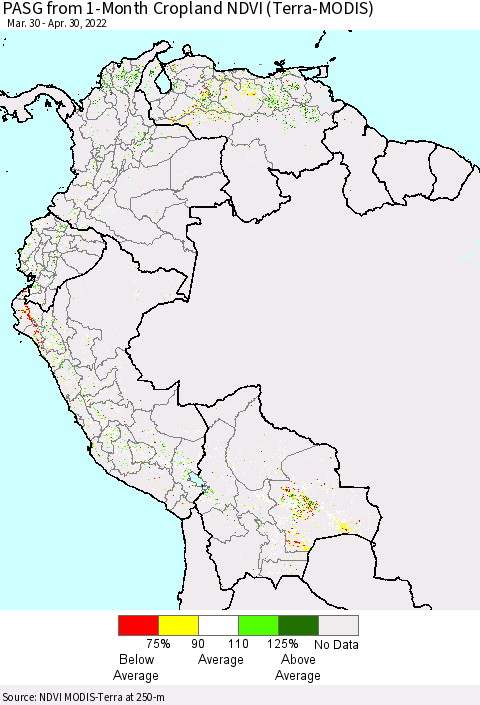 Northern South America PASG from 1-Month Cropland NDVI (Terra-MODIS) Thematic Map For 4/21/2022 - 4/30/2022
