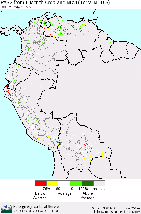 Northern South America PASG from 1-Month Cropland NDVI (Terra-MODIS) Thematic Map For 5/21/2022 - 5/31/2022