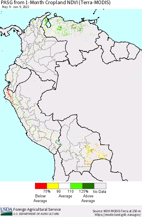 Northern South America PASG from 1-Month Cropland NDVI (Terra-MODIS) Thematic Map For 6/1/2022 - 6/10/2022