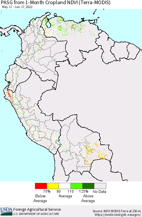 Northern South America PASG from 1-Month Cropland NDVI (Terra-MODIS) Thematic Map For 6/11/2022 - 6/20/2022
