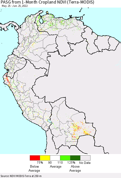 Northern South America PASG from 1-Month Cropland NDVI (Terra-MODIS) Thematic Map For 6/18/2022 - 6/25/2022