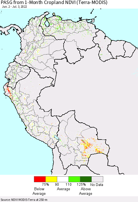 Northern South America PASG from 1-Month Cropland NDVI (Terra-MODIS) Thematic Map For 6/26/2022 - 7/3/2022