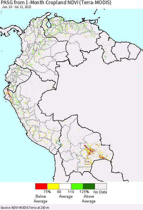 Northern South America PASG from 1-Month Cropland NDVI (Terra-MODIS) Thematic Map For 7/4/2022 - 7/11/2022
