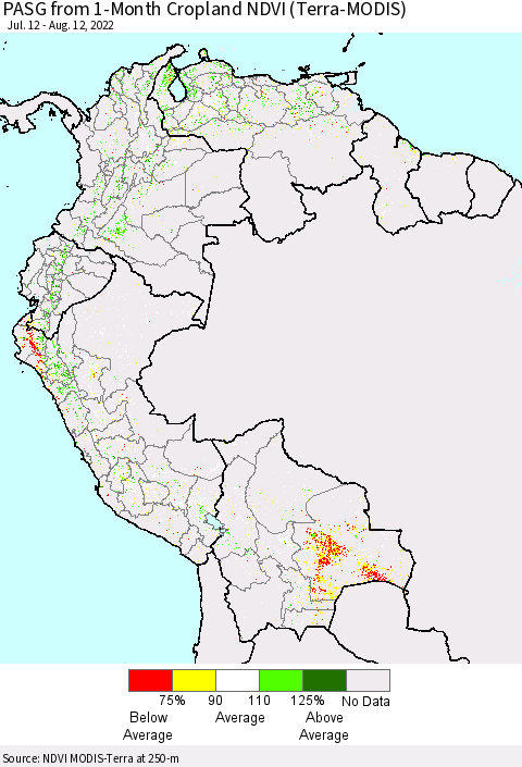 Northern South America PASG from 1-Month Cropland NDVI (Terra-MODIS) Thematic Map For 8/5/2022 - 8/12/2022