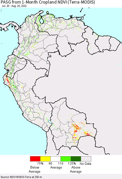 Northern South America PASG from 1-Month Cropland NDVI (Terra-MODIS) Thematic Map For 8/11/2022 - 8/20/2022