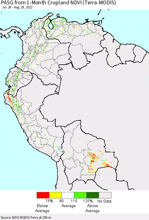 Northern South America PASG from 1-Month Cropland NDVI (Terra-MODIS) Thematic Map For 8/21/2022 - 8/28/2022