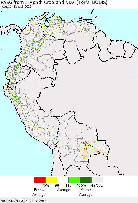 Northern South America PASG from 1-Month Cropland NDVI (Terra-MODIS) Thematic Map For 9/6/2022 - 9/13/2022