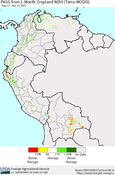 Northern South America PASG from 1-Month Cropland NDVI (Terra-MODIS) Thematic Map For 9/11/2022 - 9/20/2022