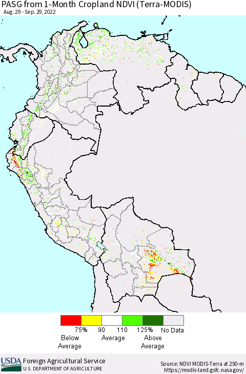 Northern South America PASG from 1-Month Cropland NDVI (Terra-MODIS) Thematic Map For 9/21/2022 - 9/30/2022