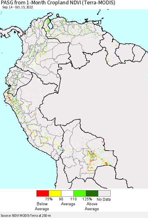 Northern South America PASG from 1-Month Cropland NDVI (Terra-MODIS) Thematic Map For 10/8/2022 - 10/15/2022