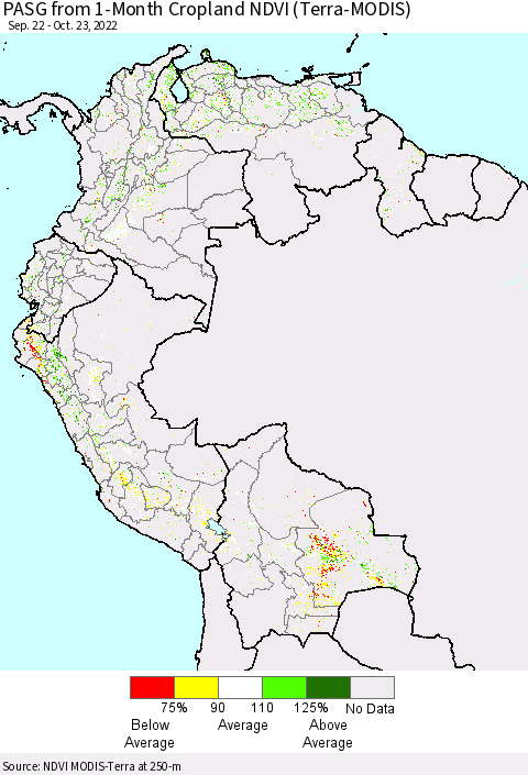 Northern South America PASG from 1-Month Cropland NDVI (Terra-MODIS) Thematic Map For 10/16/2022 - 10/23/2022