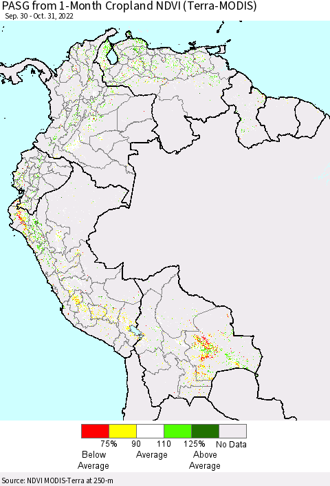 Northern South America PASG from 1-Month Cropland NDVI (Terra-MODIS) Thematic Map For 10/21/2022 - 10/31/2022