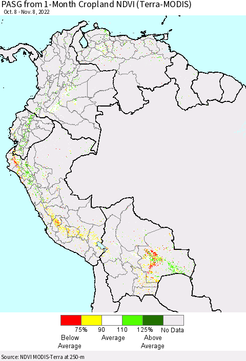 Northern South America PASG from 1-Month Cropland NDVI (Terra-MODIS) Thematic Map For 11/1/2022 - 11/8/2022