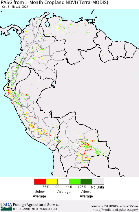 Northern South America PASG from 1-Month Cropland NDVI (Terra-MODIS) Thematic Map For 11/1/2022 - 11/10/2022
