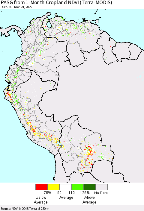 Northern South America PASG from 1-Month Cropland NDVI (Terra-MODIS) Thematic Map For 11/17/2022 - 11/24/2022
