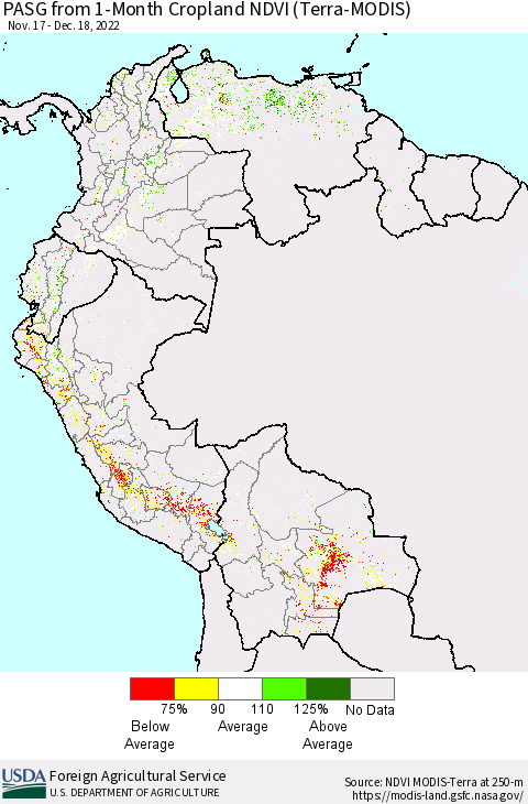 Northern South America PASG from 1-Month Cropland NDVI (Terra-MODIS) Thematic Map For 12/11/2022 - 12/20/2022