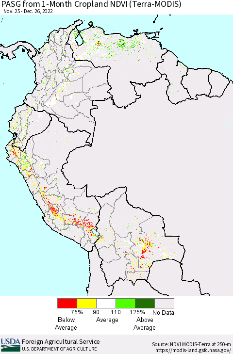 Northern South America PASG from 1-Month Cropland NDVI (Terra-MODIS) Thematic Map For 12/21/2022 - 12/31/2022