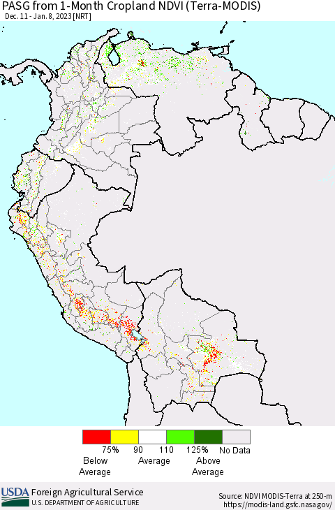 Northern South America PASG from 1-Month Cropland NDVI (Terra-MODIS) Thematic Map For 1/1/2023 - 1/10/2023