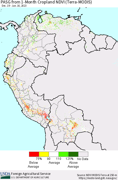 Northern South America PASG from 1-Month Cropland NDVI (Terra-MODIS) Thematic Map For 1/11/2023 - 1/20/2023