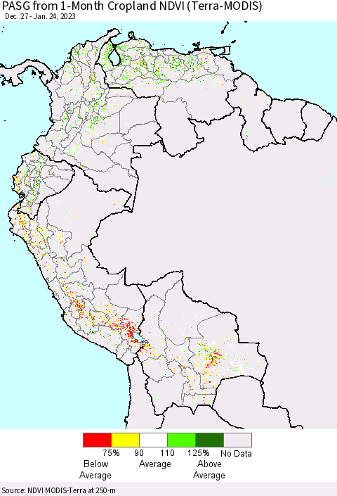 Northern South America PASG from 1-Month Cropland NDVI (Terra-MODIS) Thematic Map For 1/17/2023 - 1/24/2023